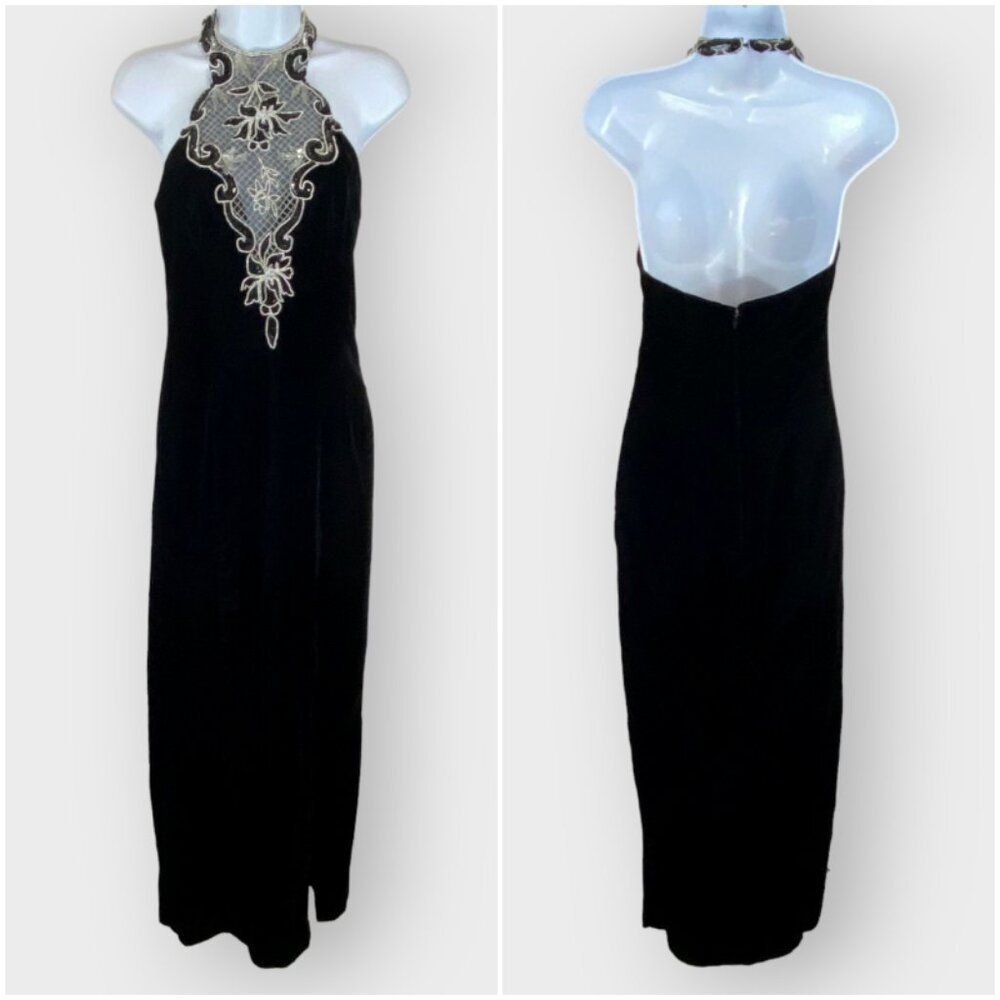 VTG Zum Zum Niki Livas Velvet Maxi Dress | 5/6 | Black | Open Back Beads Sequins